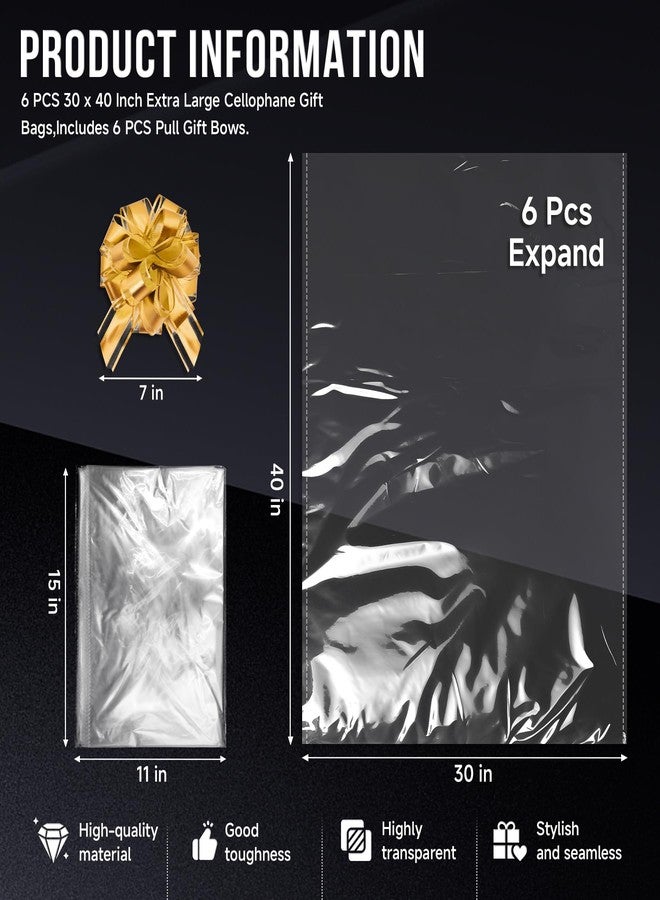 Philbinden 6 PCS 30 x 40 Inch Extra Large Cellophane Gift Bags,Includes 6 PCS Pull Gift Bows - Clear Cello Gift Bags for Gift Baskets Baby Shower Birthday Wedding Party favor - Image 2